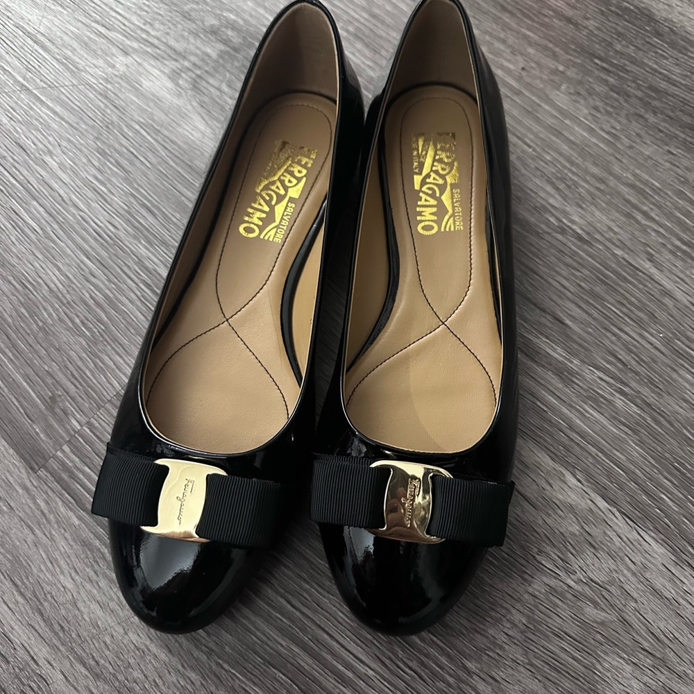 Salvatore Ferragamo Black Patent Leather Loafers with Gold Accents